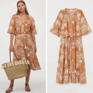 Desmond & Dempsey x H&M Orange Yellow Linen Midi Kaftan Dress Size Small.